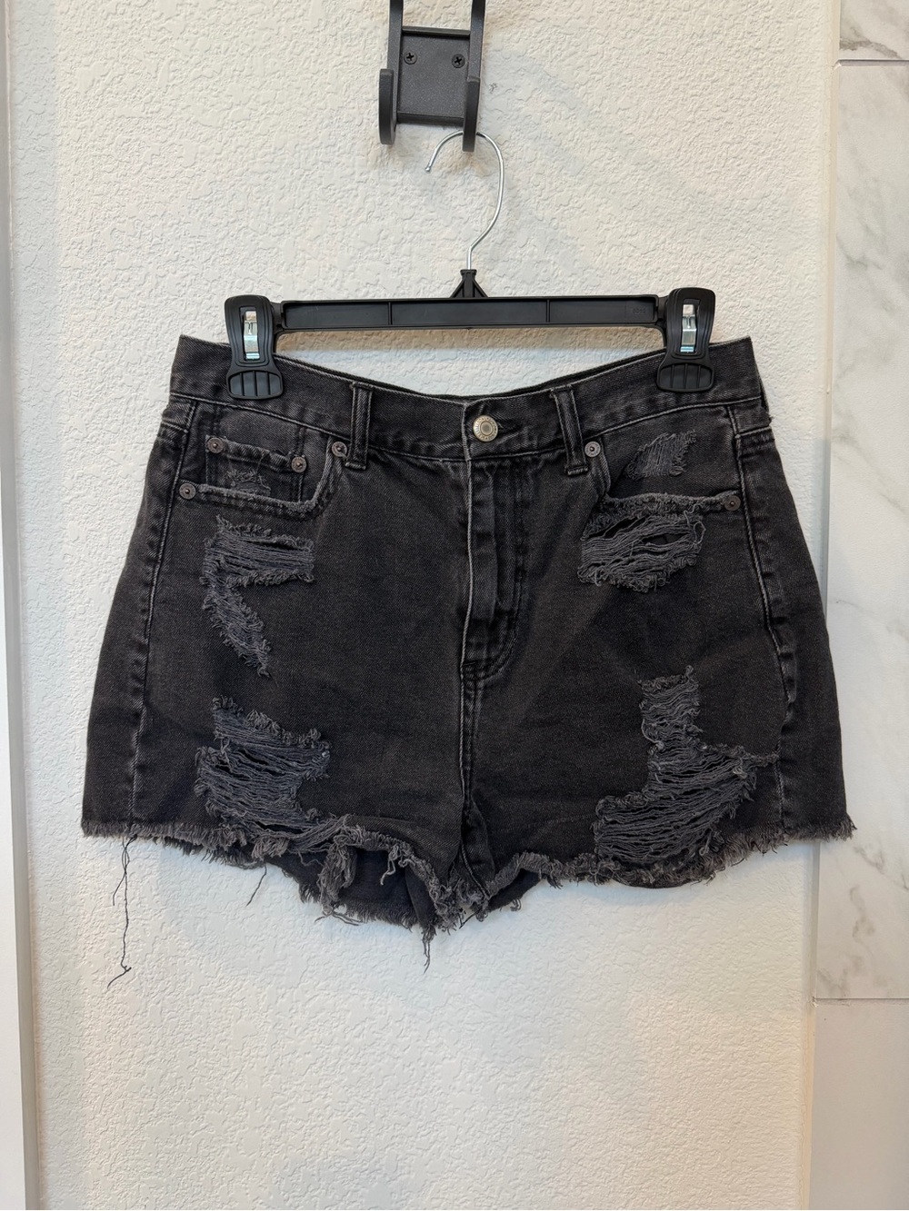 American Eagle Black Distressed Denim Mom Shorts
